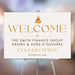Personalized corporate cocktail party welcome sign with cream background, warm accents, appetizer illustration, custom company name and event date