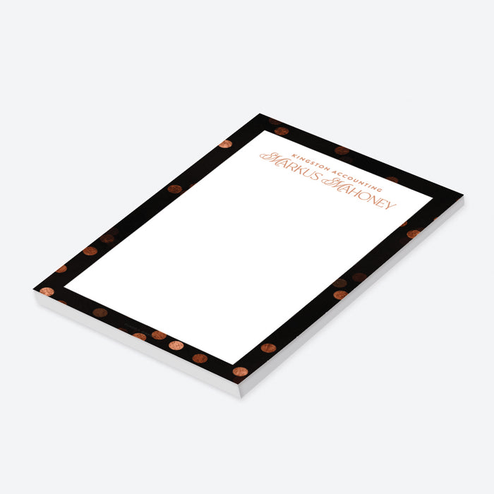 personalized corporate dinner notepad with custom name, company name, black border, warm confetti accents, and blank writing space-side