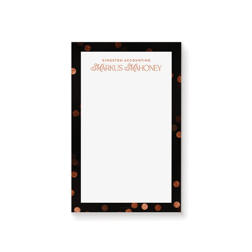 personalized corporate dinner notepad with custom name, company name, black border, warm confetti accents, and blank writing space