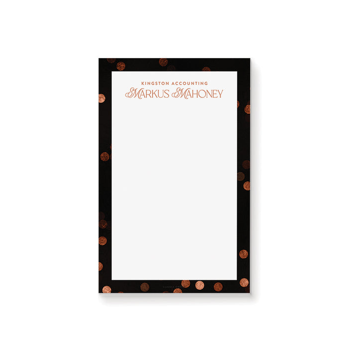 personalized corporate dinner notepad with custom name, company name, black border, warm confetti accents, and blank writing space