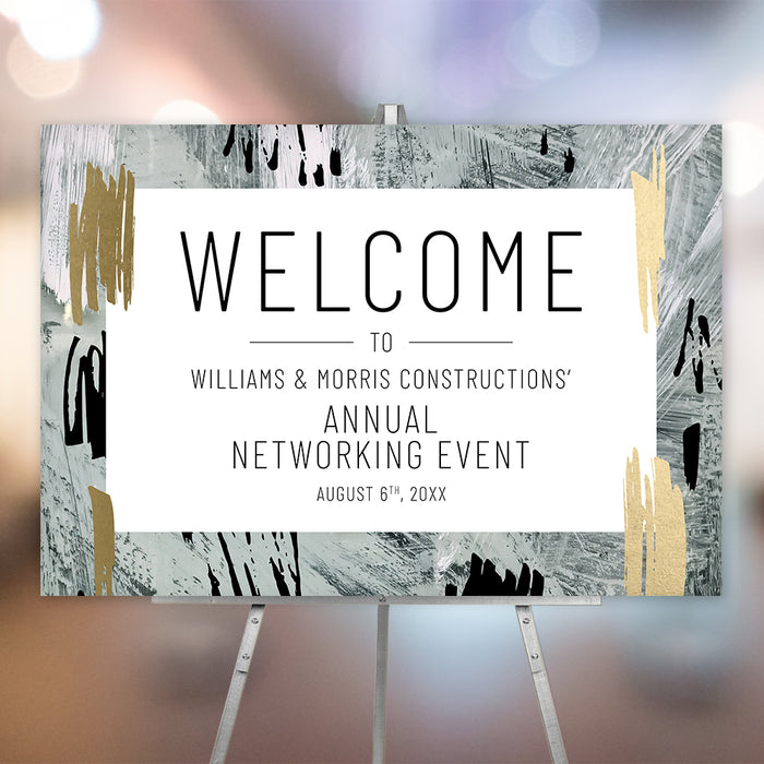 Personalized corporate networking event welcome sign with modern gray, black and warm abstract border, custom company name, event title and date