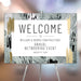Personalized corporate networking event welcome sign with modern gray, black and warm abstract border, custom company name, event title and date
