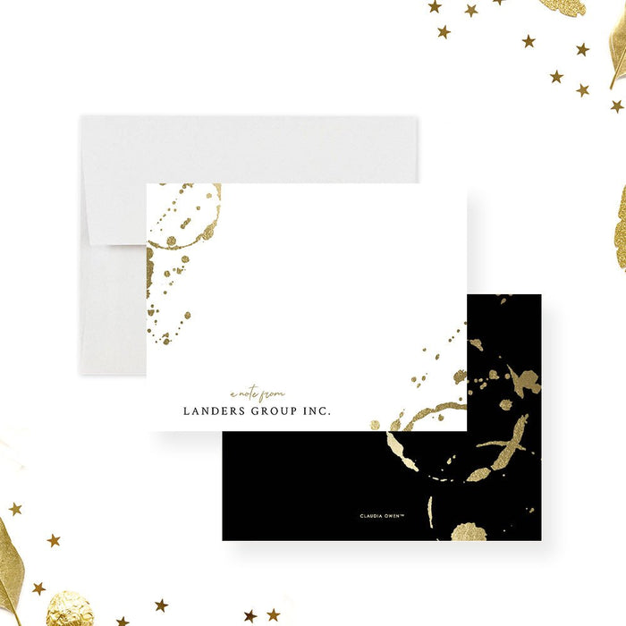 Personalized corporate note card with gold wine glass ring accents, custom business name and blank space for a handwritten message-front-back