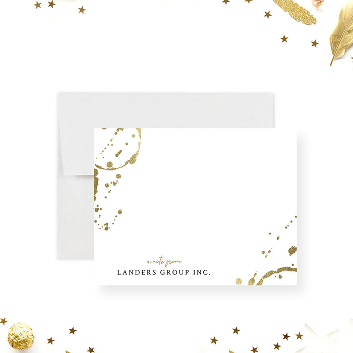 Personalized corporate note card with gold wine glass ring accents, custom business name and blank space for a handwritten message-front
