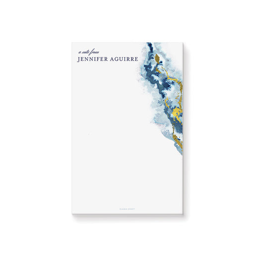 Personalized corporate notepad with blue geode watercolor, gold accents, and name