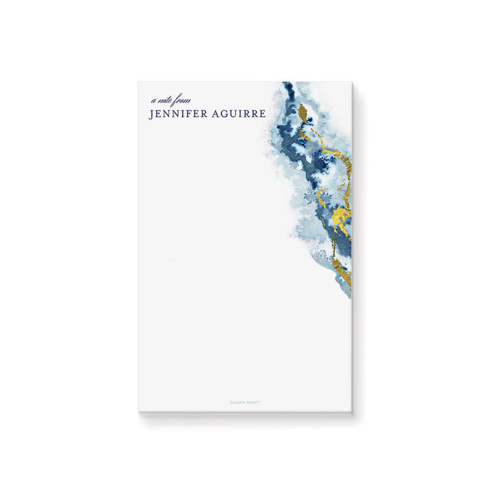Personalized corporate notepad with blue geode watercolor, gold accents, and name