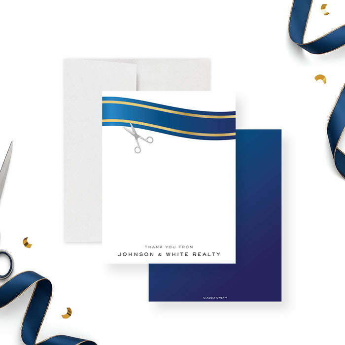 personalized corporate open house thank you card with navy ribbon design, scissors illustration, custom business name, and blank writing space-front-back