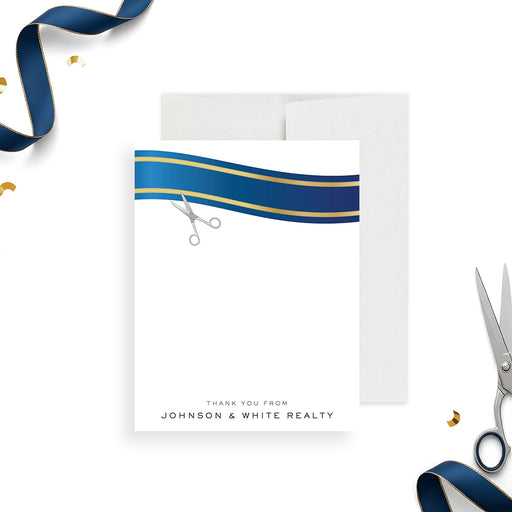 personalized corporate open house thank you card with navy ribbon design, scissors illustration, custom business name, and blank writing space-front