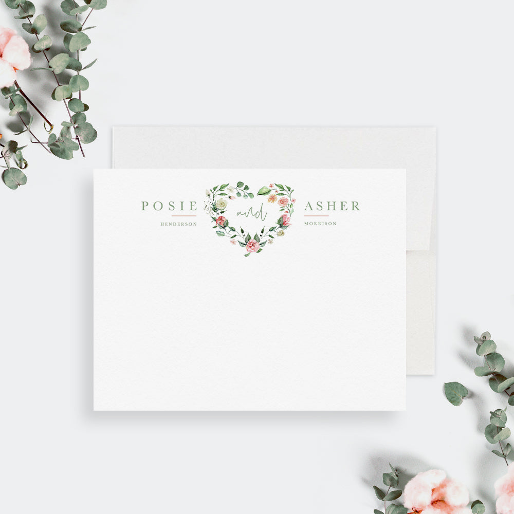 Personalized Couple Note Card Floral Heart Stationery Gift Set