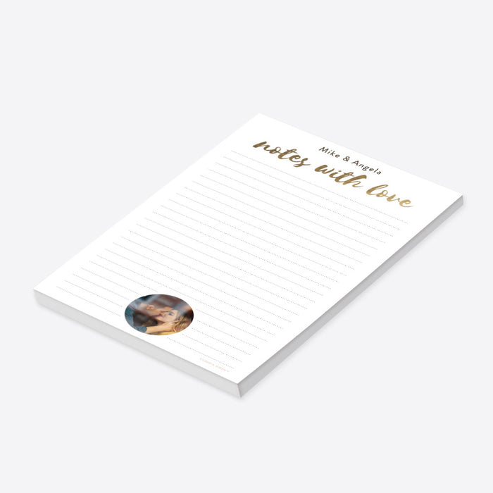 Personalized engagement notepad with a custom couple's photo, names, elegant gold "notes with love" script, and lined pages for everyday notes, lists, and planning.-side