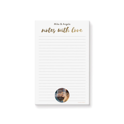 Personalized engagement notepad with a custom couple's photo, names, elegant gold "notes with love" script, and lined pages for everyday notes, lists, and planning.