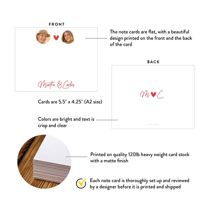 Specifications graphic showing the front and back of personalized couples photo note cards with red script names, A2 size 5.5 × 4.25 inches and matte cardstock.