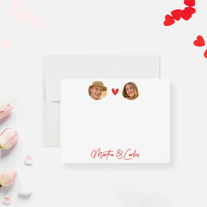 Personalized note card with couple portraits, a red heart and personalized names in red script, shown with a white envelope.