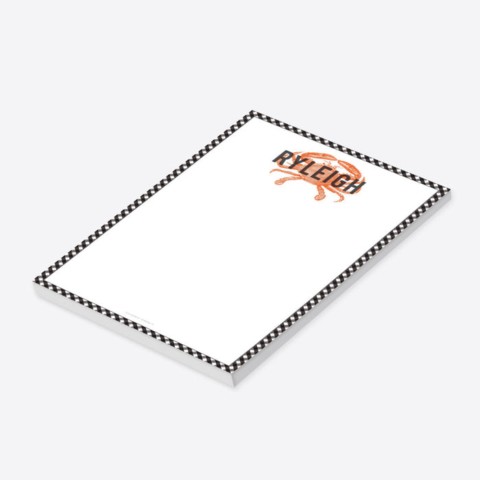 personalized crab boil notepad with custom name, orange crab illustration, black gingham border, and blank writing space-side
