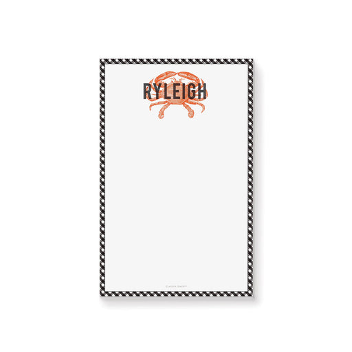 personalized crab boil notepad with custom name, orange crab illustration, black gingham border, and blank writing space