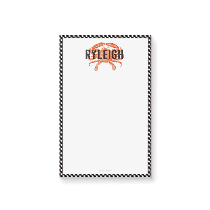 personalized crab boil notepad with custom name, orange crab illustration, black gingham border, and blank writing space