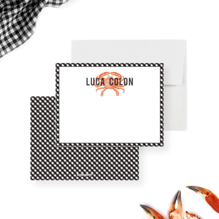 personalized crab boil thank you card with custom name, orange crab illustration, black gingham border, and blank message space-front-back