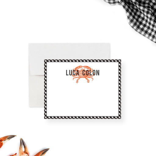 personalized crab boil thank you card with custom name, orange crab illustration, black gingham border, and blank message space-front