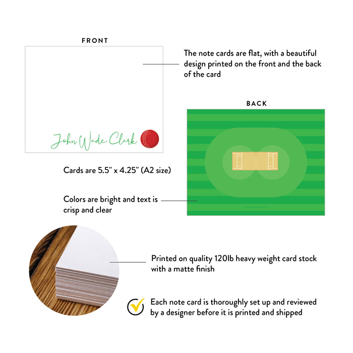 Front and back of personalized cricket note cards showing A2 dimensions and matte cardstock details.