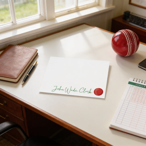 Personalized cricket note card featuring a custom script name and red cricket ball 