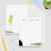 Personalized white note card with a green crocodile carrying blue and yellow balloons and a black printed bite-mark corner.