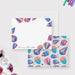 Crystal note cards with colorful printed gemstone illustrations framing the white front, a personalized script name and an all-over gem pattern on the back.