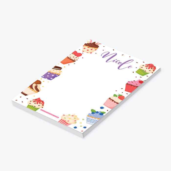 Personalized cupcake notepad with colorful cupcakes, berries, sprinkles, and custom name-side