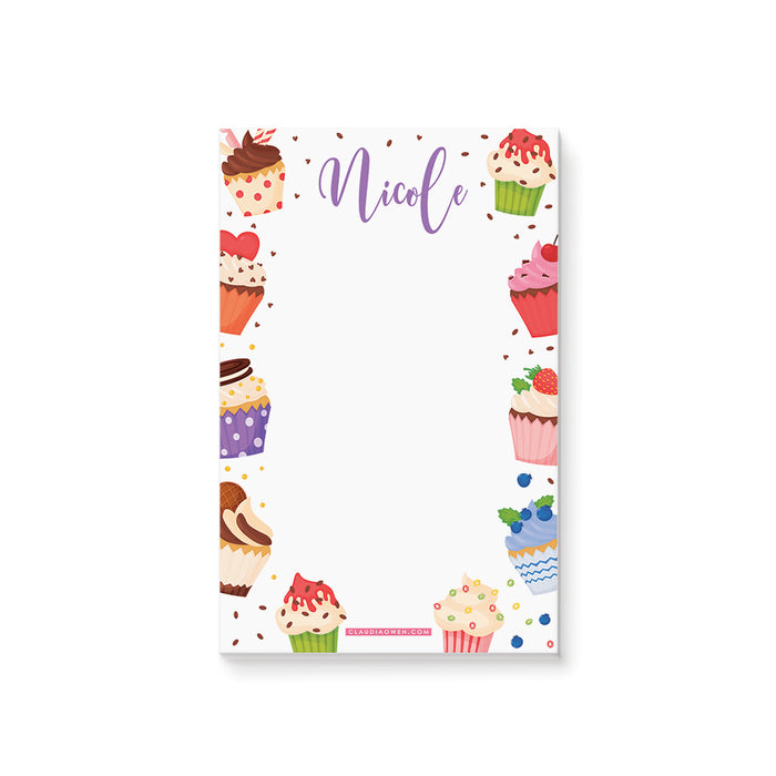 Personalized cupcake notepad with colorful cupcakes, berries, sprinkles, and custom name