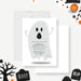 Personalized kids Halloween birthday party invitation with large cute gray ghost, child’s name, age and custom celebration details-front-back