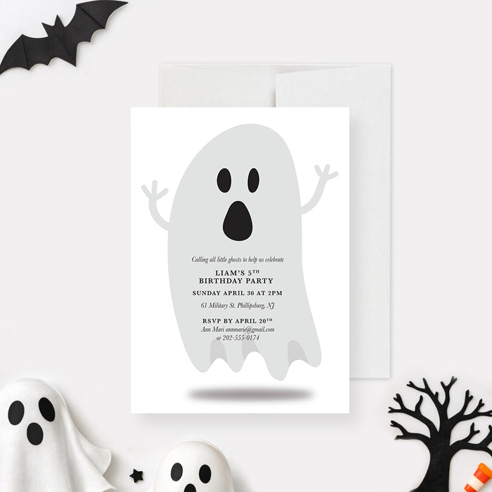 Personalized kids Halloween birthday party invitation with large cute gray ghost, child’s name, age and custom celebration details-front