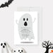 Personalized kids Halloween birthday party invitation with large cute gray ghost, child’s name, age and custom celebration details-front