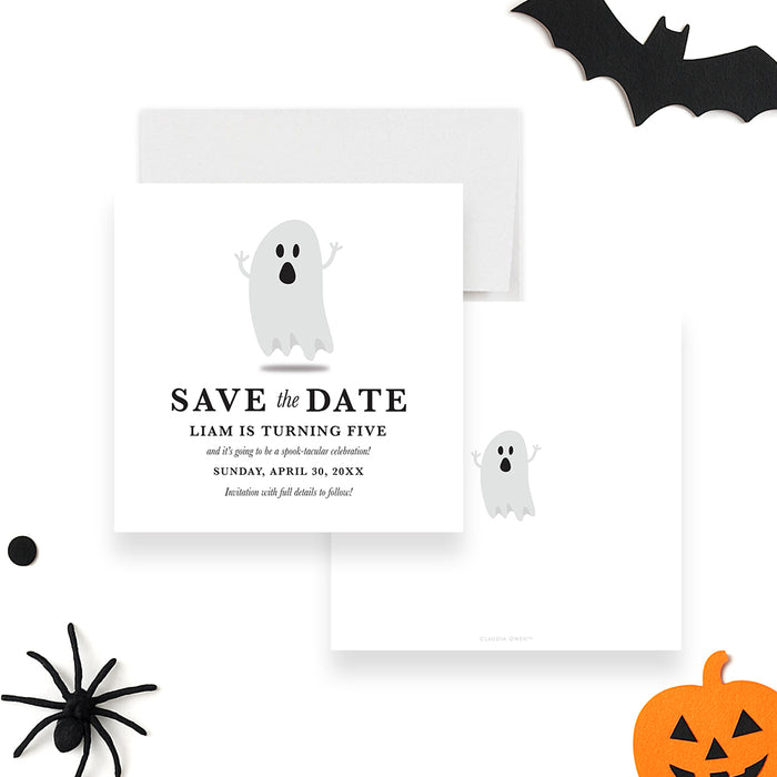 Front and back of personalized ghost Halloween birthday save the date card with cute gray ghost, child’s name, age and celebration date-front-back