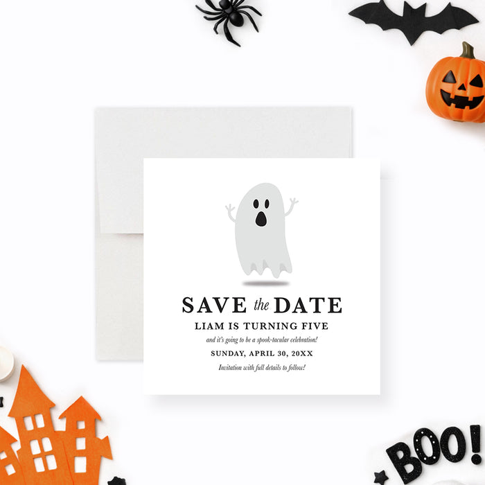 Front and back of personalized ghost Halloween birthday save the date card with cute gray ghost, child’s name, age and celebration date-front