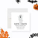 Front and back of personalized ghost Halloween birthday save the date card with cute gray ghost, child’s name, age and celebration date-front