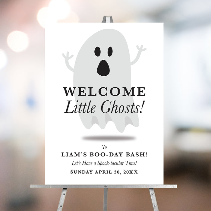 Personalized kids Halloween birthday party welcome sign with large cute gray ghost, child’s name, Boo-Day Bash wording and celebration date