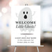 Personalized kids Halloween birthday party welcome sign with large cute gray ghost, child’s name, Boo-Day Bash wording and celebration date