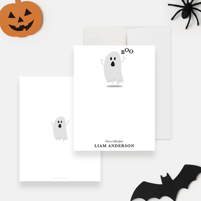 Front and back of personalized kids Halloween note card with cute gray ghost, Boo wording, blank writing space and child’s name-front-back