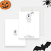 Front and back of personalized kids Halloween note card with cute gray ghost, Boo wording, blank writing space and child’s name-front-back