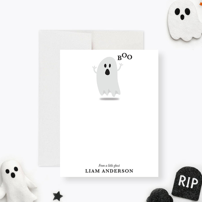 Front and back of personalized kids Halloween note card with cute gray ghost, Boo wording, blank writing space and child’s name-front