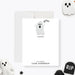 Front and back of personalized kids Halloween note card with cute gray ghost, Boo wording, blank writing space and child’s name-front