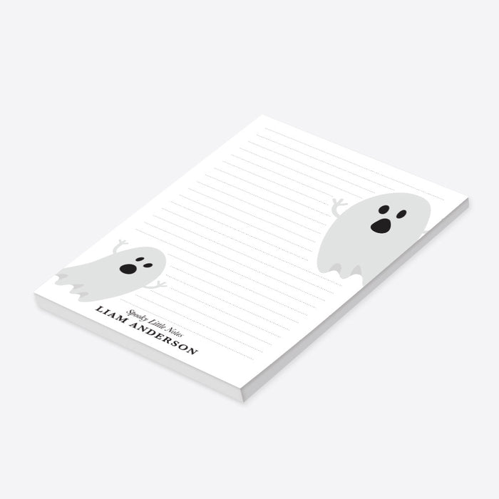 Personalized lined Halloween notepad for kids with two cute gray ghosts, Spooky Little Notes wording and child’s full name-side