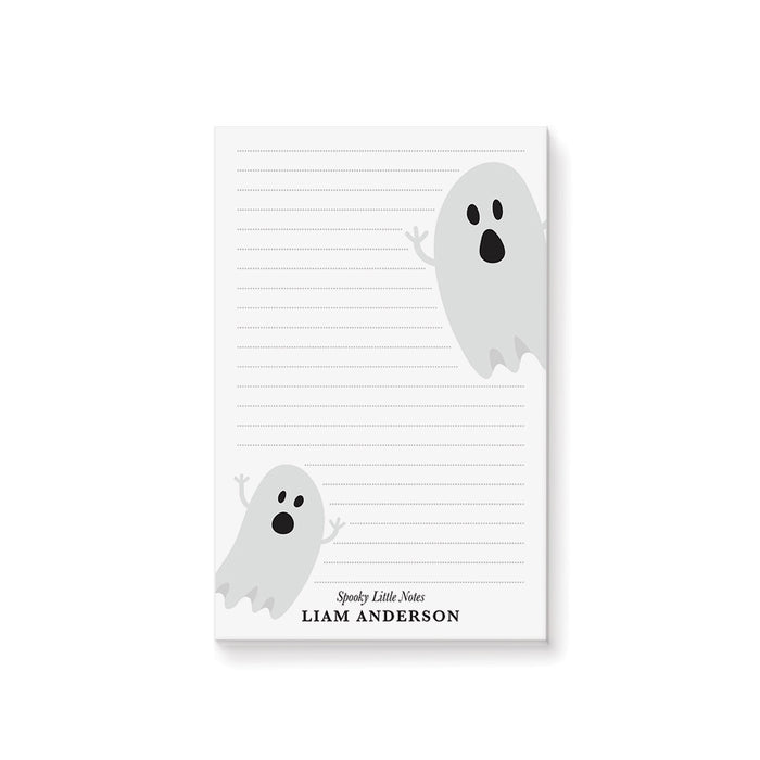 Personalized lined Halloween notepad for kids with two cute gray ghosts, Spooky Little Notes wording and child’s full name