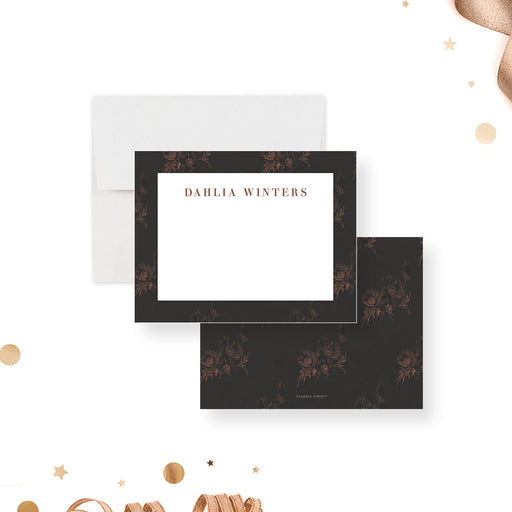 Personalized Dark Floral Note Cards. Front and matching dark charcoal and warm brown floral back displayed with a white envelope.