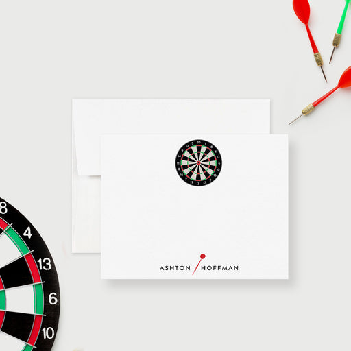 Custom note card featuring a colorful dartboard illustration and darts, with space for personalization perfect stationery for darts lovers or pub‑game fans.