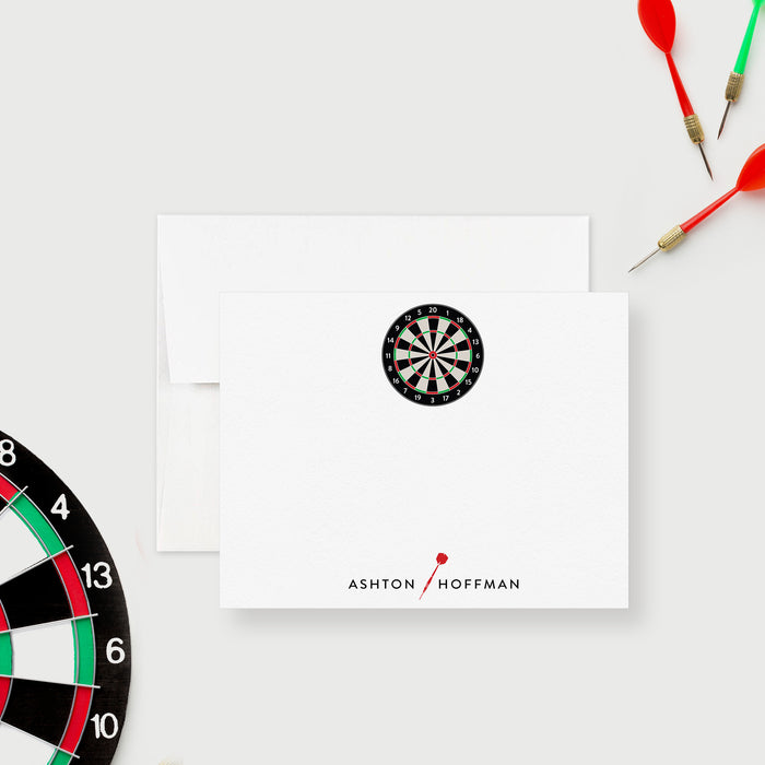Custom note card featuring a colorful dartboard illustration and darts, with space for personalization perfect stationery for darts lovers or pub‑game fans.