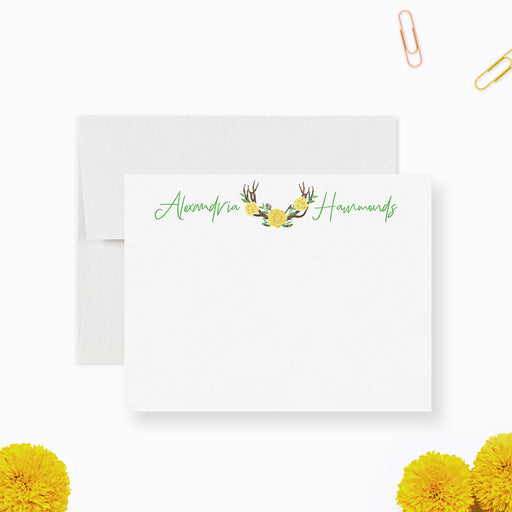 Personalized deer antler note card for girls featuring a nature-themed design with matching envelope, perfect for thank you notes or special messages.