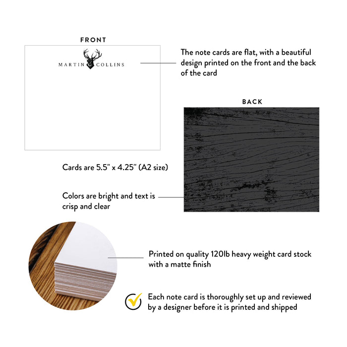 Front and back of personalized deer head note cards with wood grain back with A2 size and matte cardstock details.