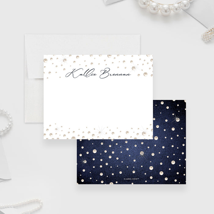 personalized denim and pearls note card with custom name, pearl accents, dark blue back design, and blank writing space-front-back