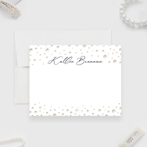 personalized denim and pearls note card with custom name, pearl accents, dark blue back design, and blank writing space-front