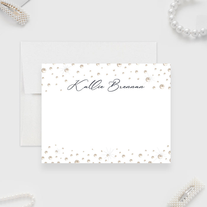 personalized denim and pearls note card with custom name, pearl accents, dark blue back design, and blank writing space-front